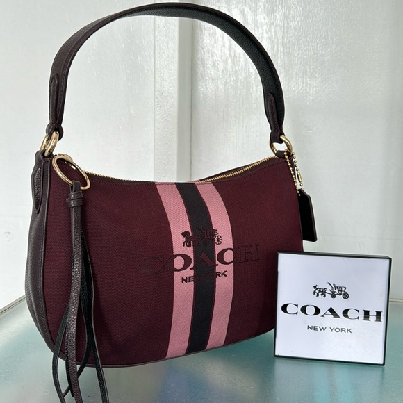 Coach Sutton with Horse and Carriage Burgundy Striped Shoulder Bag EUC - Picture 1 of 16